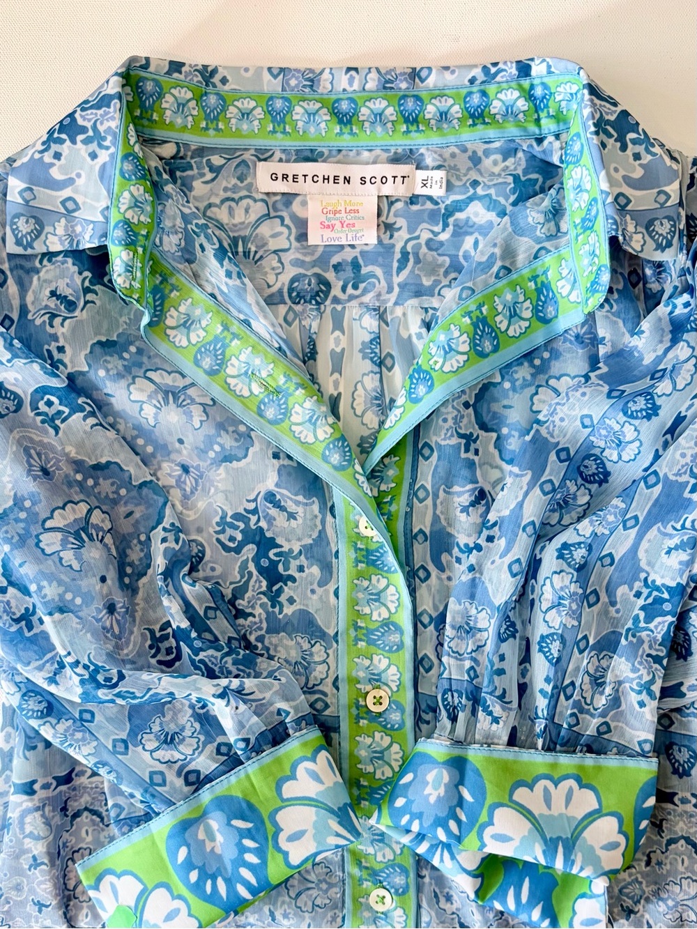 Gretchen Scott Designs Blue Floral Button-Down with Green Trim - Picture 4 of 7